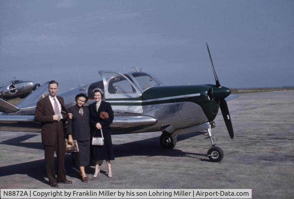 N8872A, 1950 Beechcraft V35 Bonanza C/N D-2527, This was Franklin Miller's First of 5 Bonanza's.  The picture is as delivered.  Franklin's friends and wife are in front of the airplane.  The pictire was taken in 1950 at the Meadville, Pa airport.