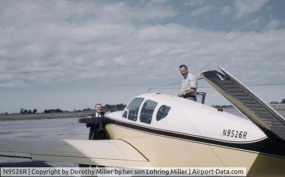 N9526R, 1959 Beech K35 Bonanza C/N D-6157, This was Franklin Millers 4th Bonanza.  The picture, taken at the Meadville, Pa airport, has future Pennsylvania governor, Raymond Shaffer, leaning on the propeller with Franklin Miller standing on the wing.