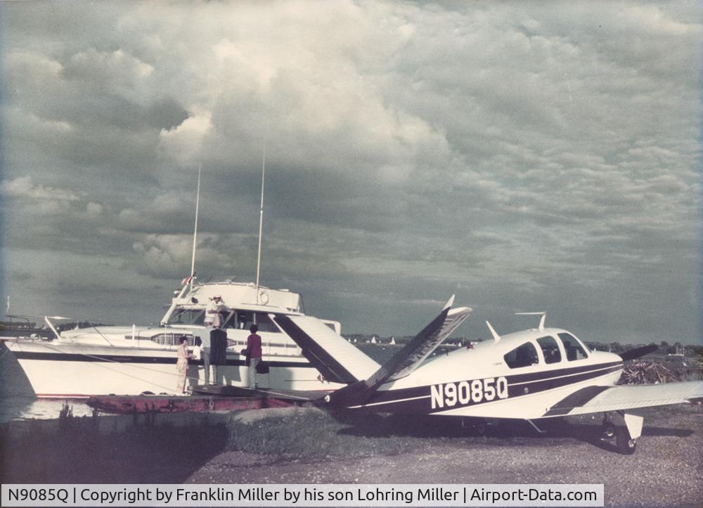 N9085Q, 1970 Beech V35B Bonanza C/N D-9212, This picture was taken in Toronto, Canada in 1974.  Franklin Miller's 42' Roamer boat, the Keyco is in the background.