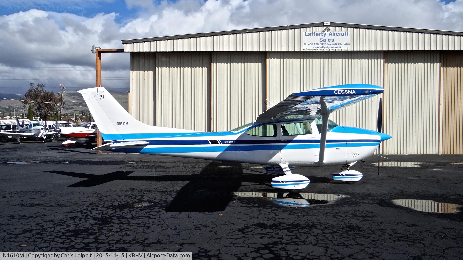N1610M, 1975 Cessna 182P Skylane C/N 18264395, Laffferty's latest acquisition, it's a nice one! Locally-based 1975 Cessna 182P parked in front of the Lafferty Aircraft Sales hangar at Reid Hillview Airport, San Jose, CA.