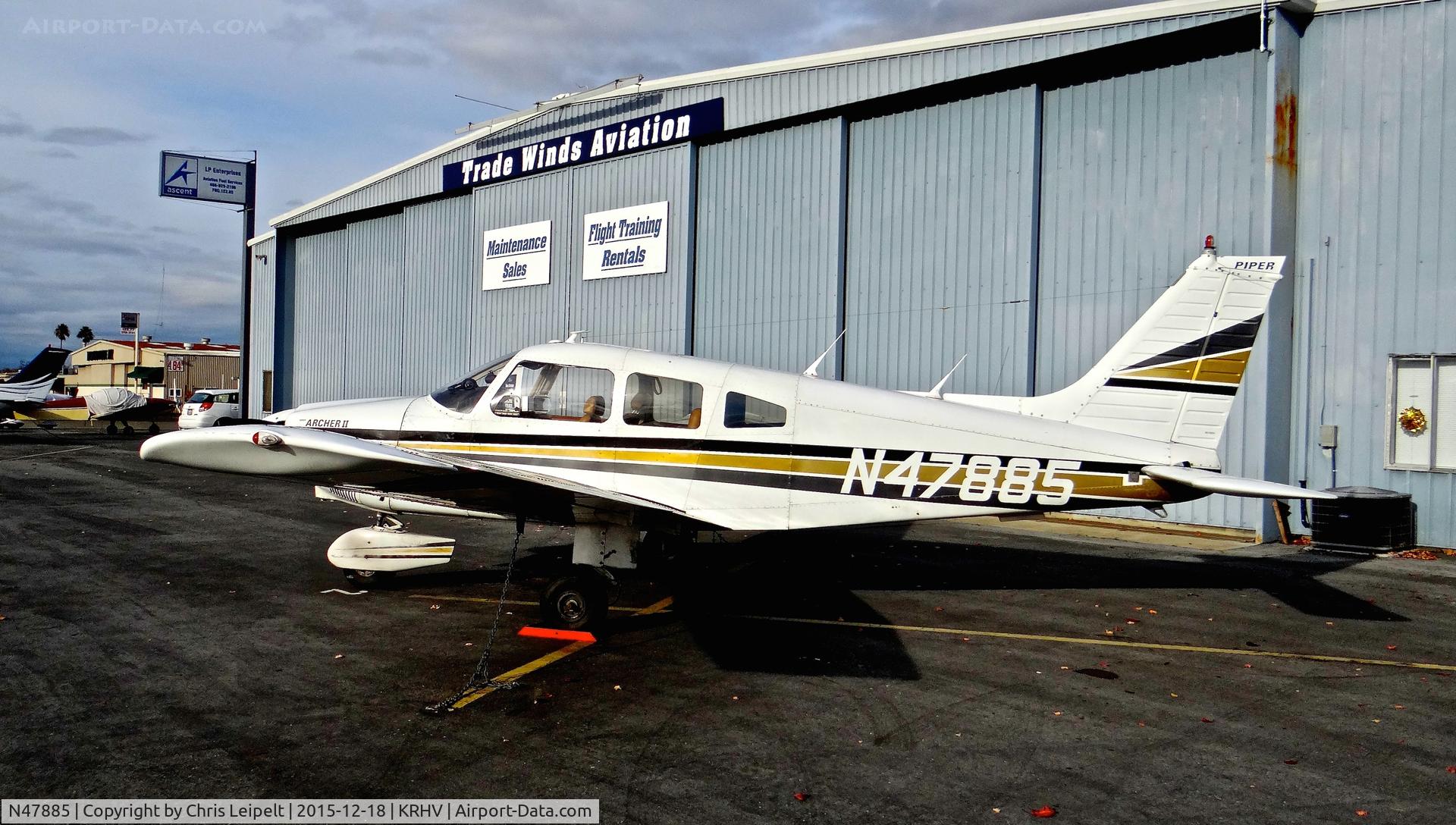 N47885, 1977 Piper PA-28-181 Archer C/N 28-7890148, Alcadia Inc (Wilmington, DE) 1977 Piper PA-28-181 parked in front of the Trade Winds hangar at Reid Hillview Airport, San Jose, CA.