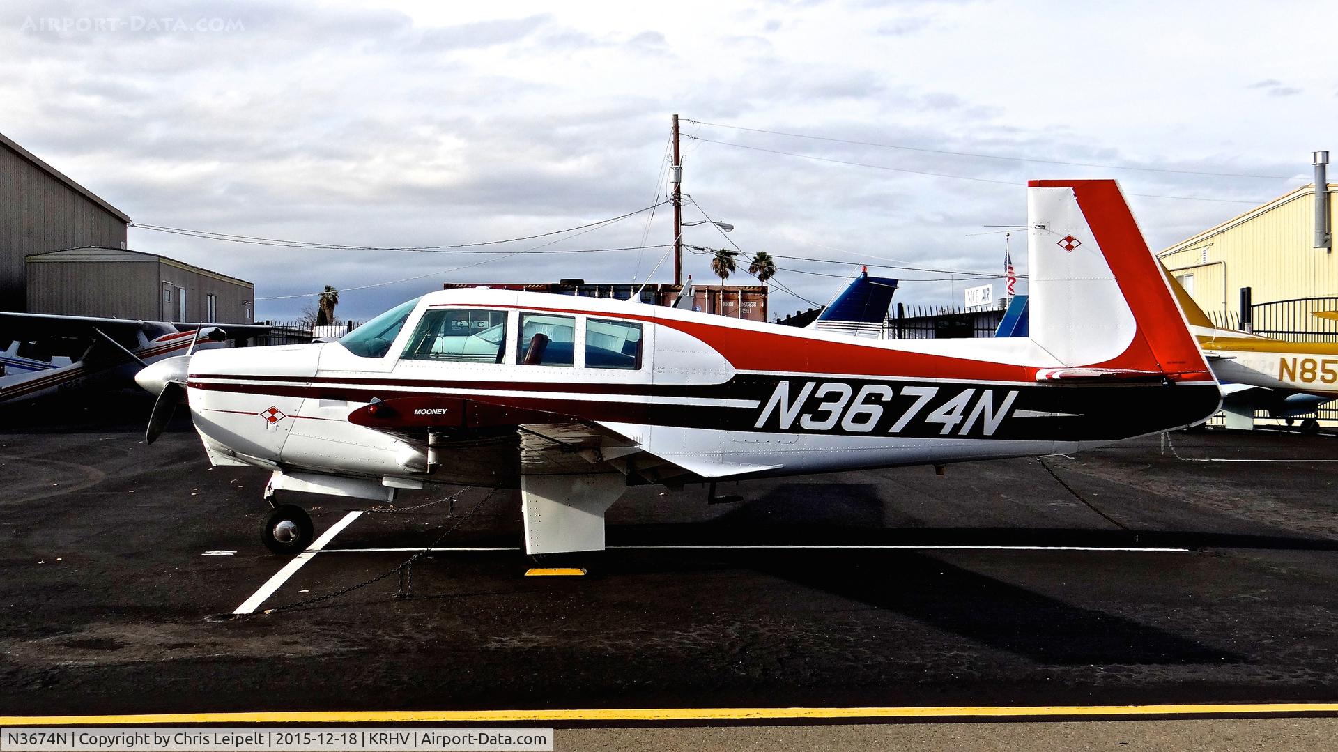 N3674N, 1967 Mooney M-20G Statesman C/N 680032, Possibly locally-based 1967 Mooney M-20G (reg. is pending) parked at a local tie down at Reid Hillview Airport, San Jose, CA. Might be a replacement for a former Mooney that parked here which was N252WT.