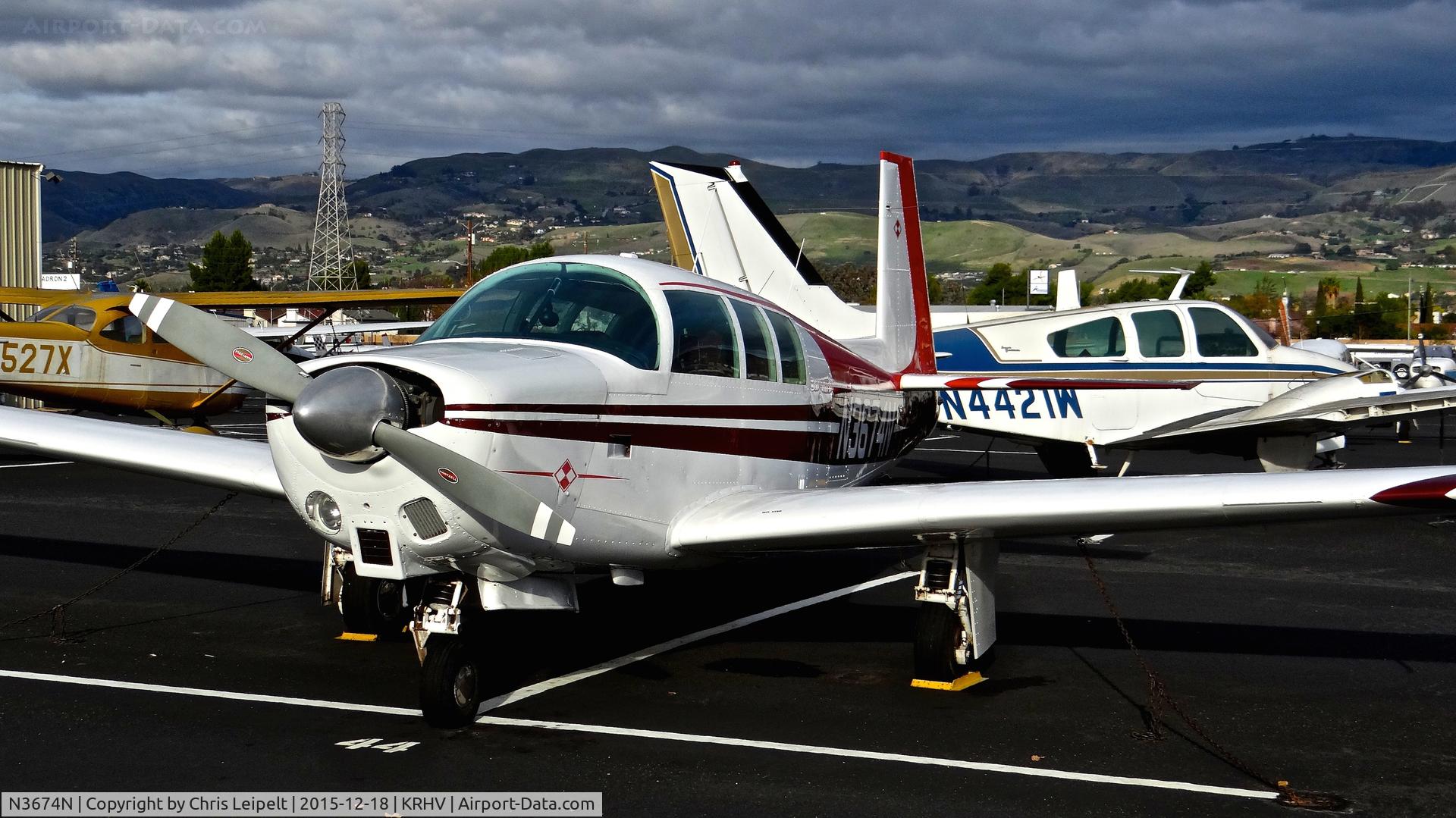 N3674N, 1967 Mooney M-20G Statesman C/N 680032, Possibly locally-based 1967 Mooney M-20G (reg. is pending) parked at a local tie down at Reid Hillview Airport, San Jose, CA. Might be a replacement for a former Mooney that parked here which was N252WT.