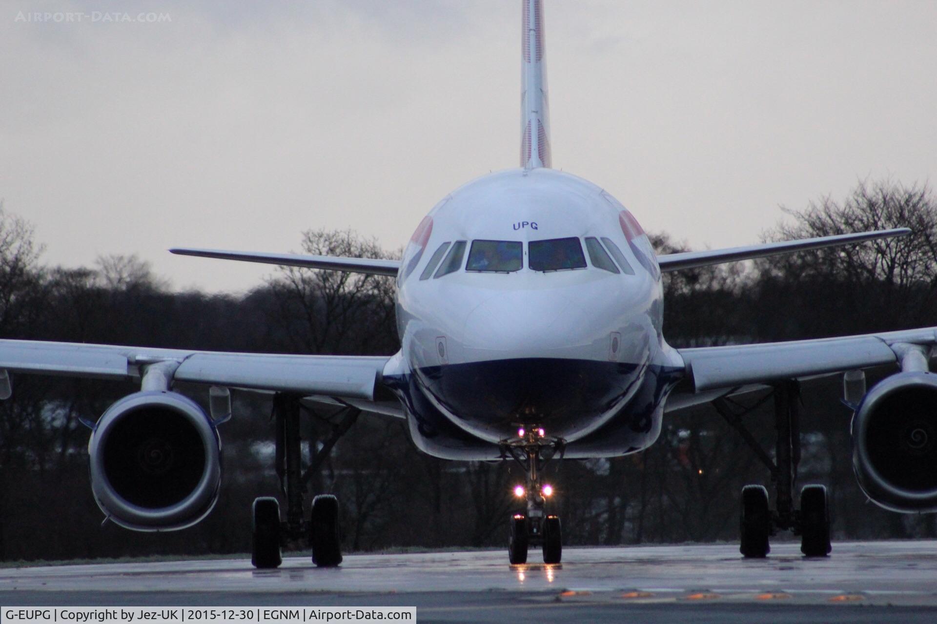 G-EUPG, 2000 Airbus A319-131 C/N 1222, about to depart to Heathrow on a very stormy,wet and windy runway 14,