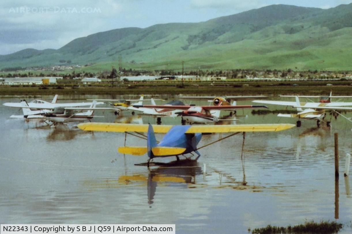 N22343, 1939 Aeronca 65-C C/N C3419, A rear view of 343 getting its feet wet around 1983-84. 343 was deregistered in 2004.Was a well known plane at Fremont during the 80s.