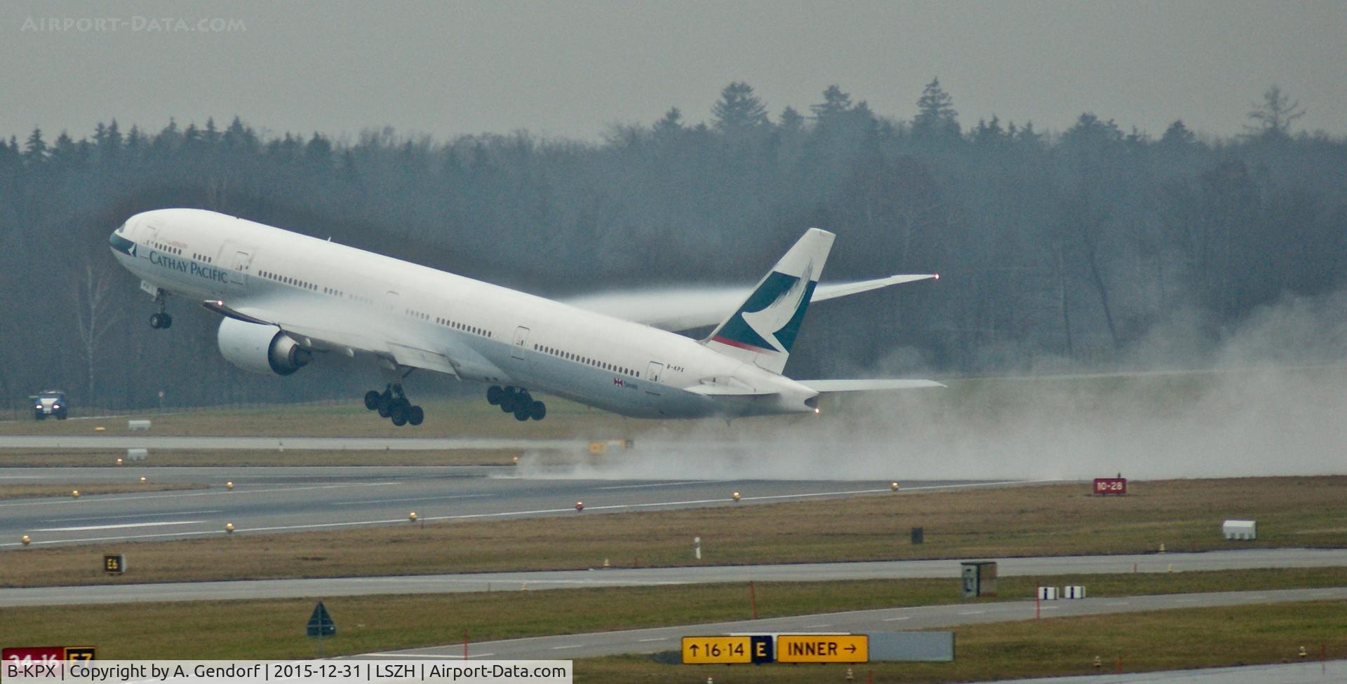 B-KPX, 2011 Boeing 777-367/ER C/N 37897, Cathay Pacific, makes here a very wet departure on RWY28 at Zürich-Kloten(LSZH), bound for Hong Kong(VHHH)