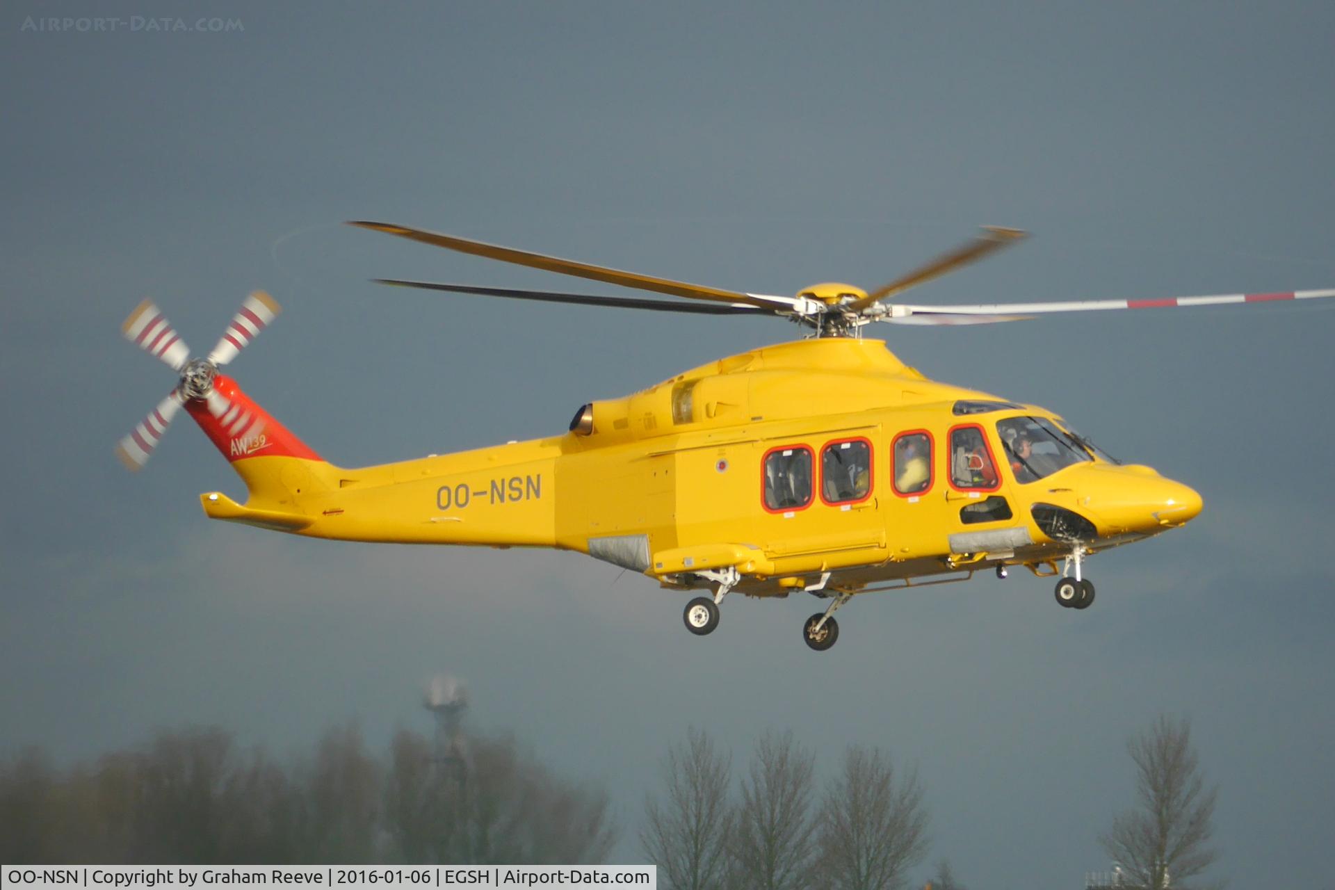 OO-NSN, 2015 AgustaWestland AW-139 C/N 31700, Landing at Norwich. Now with NHV logo's removed.