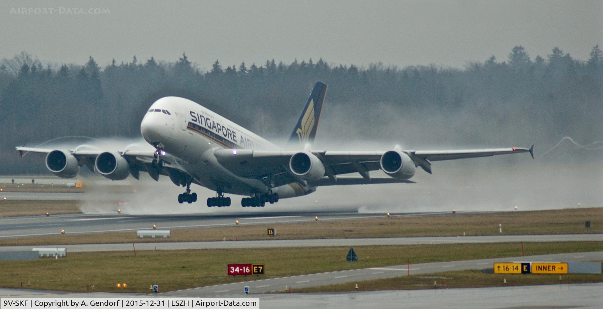 9V-SKF, 2008 Airbus A380-841 C/N 012, Singapore Airlines, is here lifting off RWY 34 at Zürich-Kloten(LSZH)