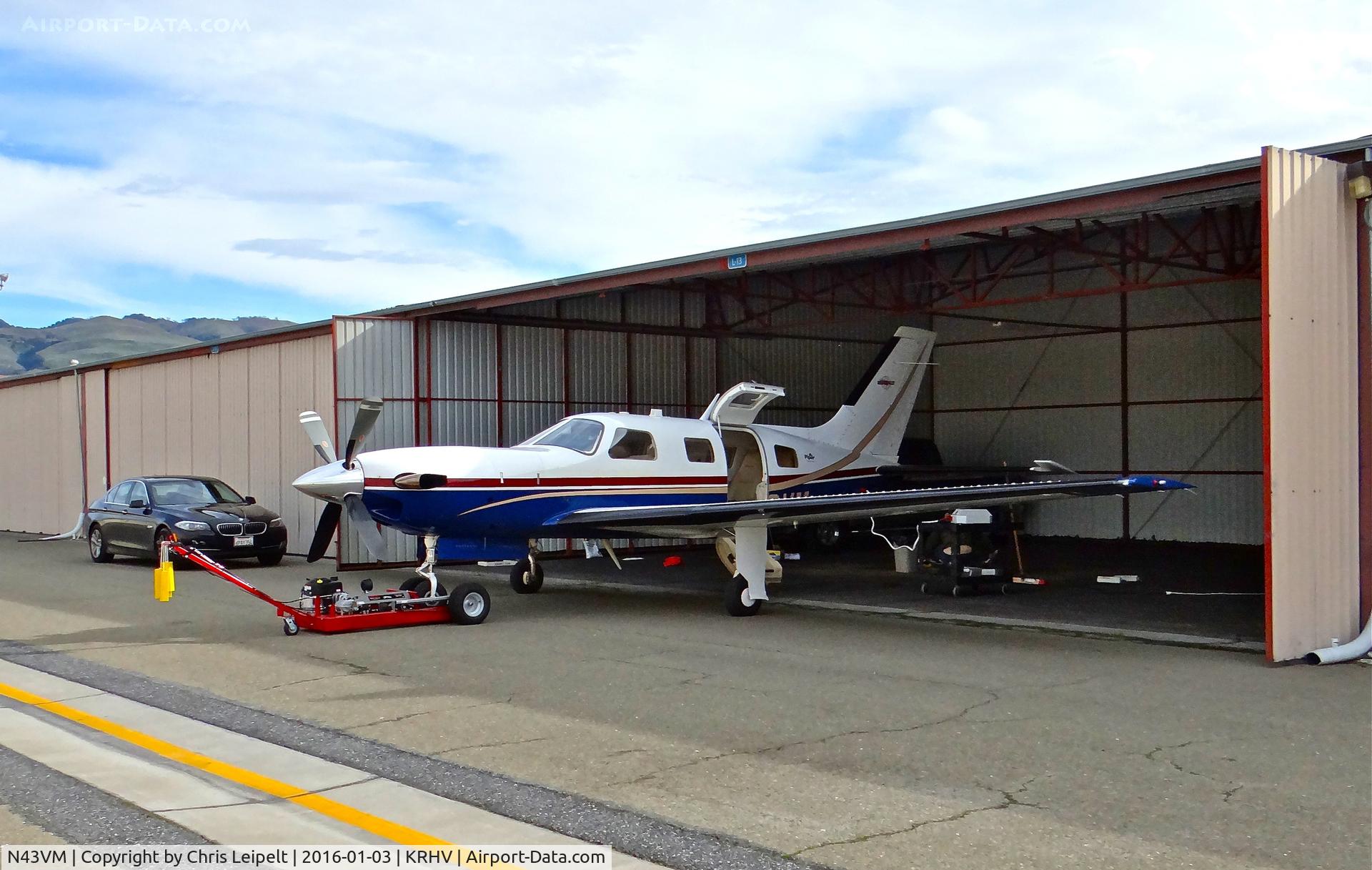 N43VM, 2000 Piper PA-46-500TP C/N 4697005, Locally-based 2000 Piper Meridian parked in front of its hangar prior to a maintenance flight to nearby Hayward Executive at Reid Hillview Airport, San Jose, CA.