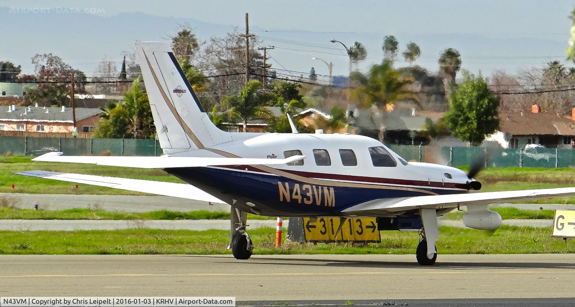 N43VM, 2000 Piper PA-46-500TP C/N 4697005, Locally-based 2000 Piper Meridian taxing out for departure to Hayward Executive for maintenance at Reid Hillview Airport, San Jose, CA.