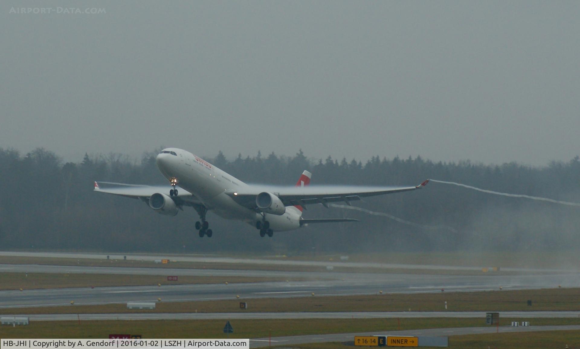 HB-JHI, 2010 Airbus A330-343X C/N 1181, Swiss, is here departing during a rainshower at Zürich-Kloten(LSZH)