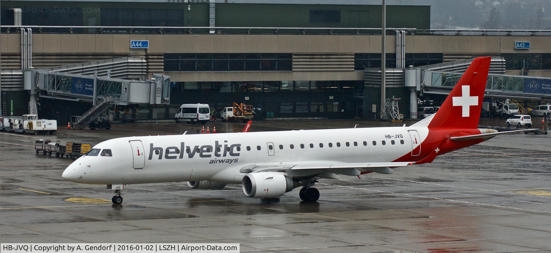 HB-JVQ, 2011 Embraer 190LR (ERJ-190-100LR) C/N 19000420, Helvetic, is here at Zürich-Kloten(LSZH) shortly after pushback from the gate