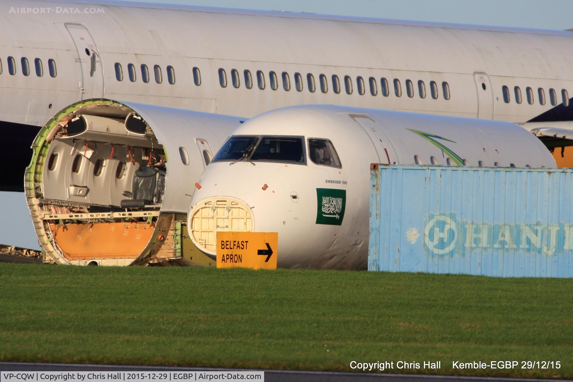 VP-CQW, 2008 Embraer 190LR (ERJ-190-100LR) C/N 19000232, in the scrapping area at Kemble