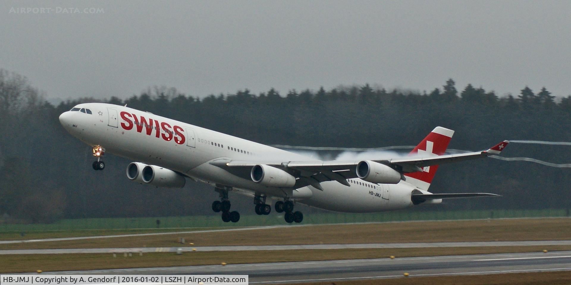 HB-JMJ, 1996 Airbus A340-313X C/N 150, Swiss, is here climbing out at Zürich-Kloten(LSZH)