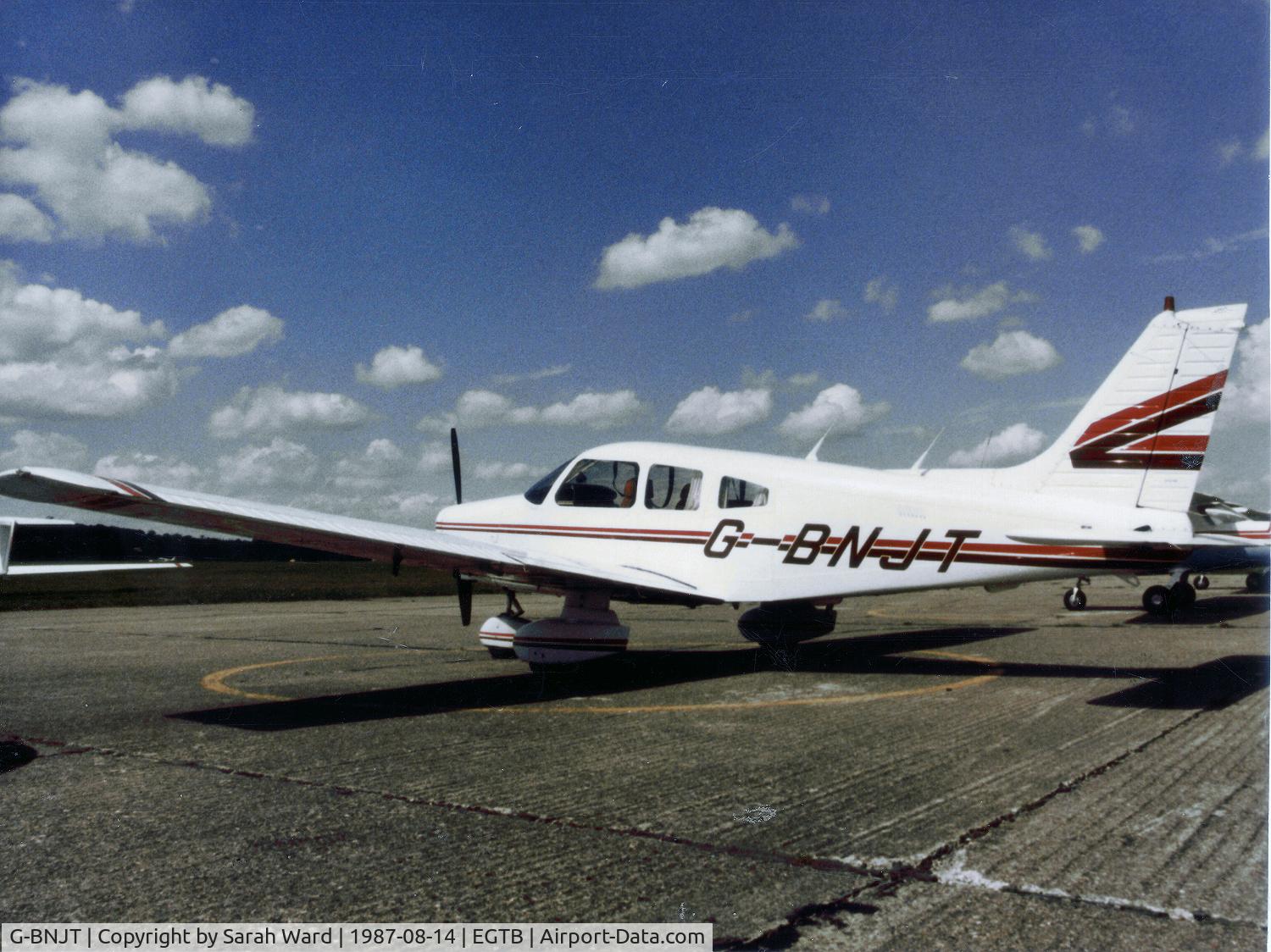 G-BNJT, 1981 Piper PA-28-161 Cherokee Warrior II C/N 28-8116184, At Wycombe Air Park in August 1987 operated by British Airways Flying Club.   Photo taken just prior to flying aircraft to Sandown IoW.