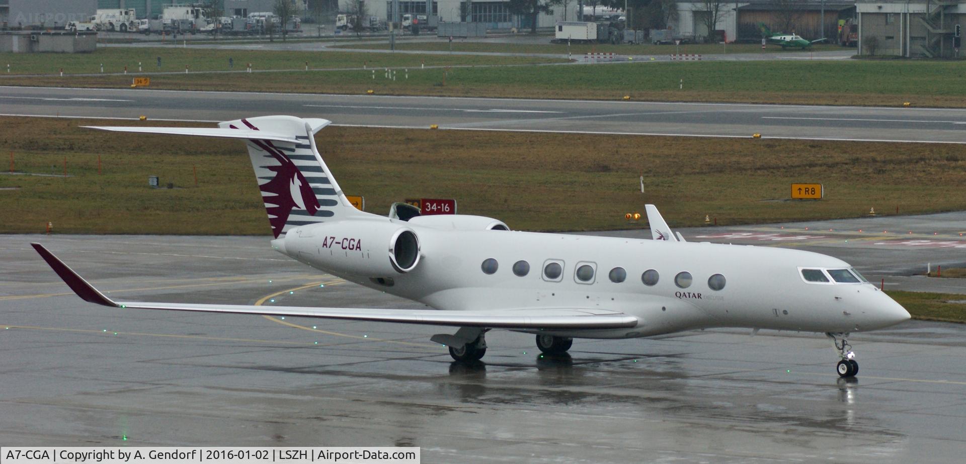 A7-CGA, 2015 Gulfstream G-VI (G650ER) C/N 6153, Qatar Amiri Flight, is here waiting for taxi clearence at Zürich-Kloten(LSZH)