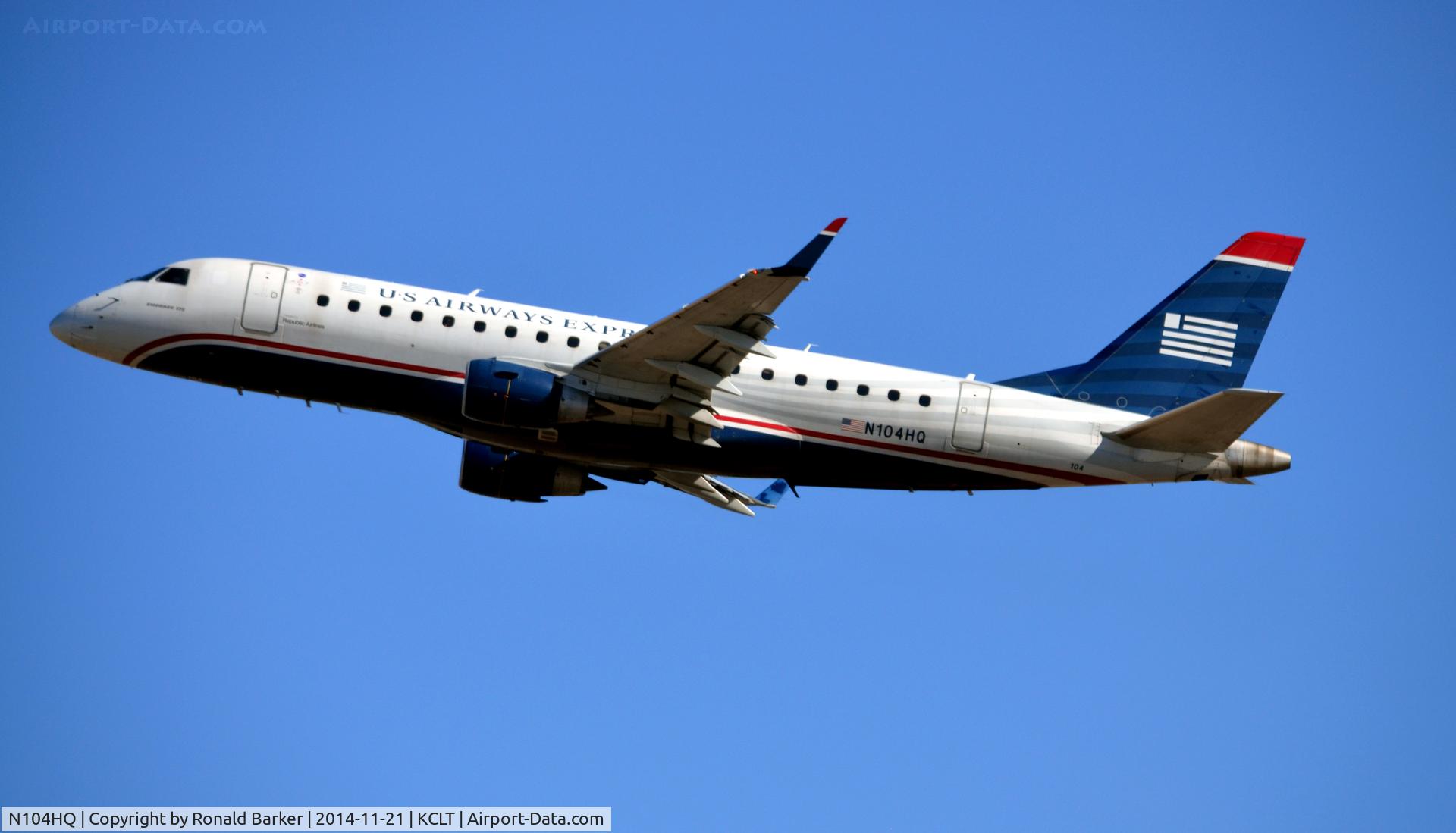 N104HQ, 2007 Embraer 175LR (ERJ-170-200LR) C/N 17000160, Takeoff CLT