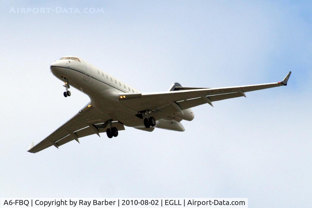 A6-FBQ, 2007 Bombardier BD-700-1A11 Global 5000 C/N 9282, Bombardier BD-700-1A11 Global 5000 [9282] Heathrow~G 02/08/2010. On approach 27R.