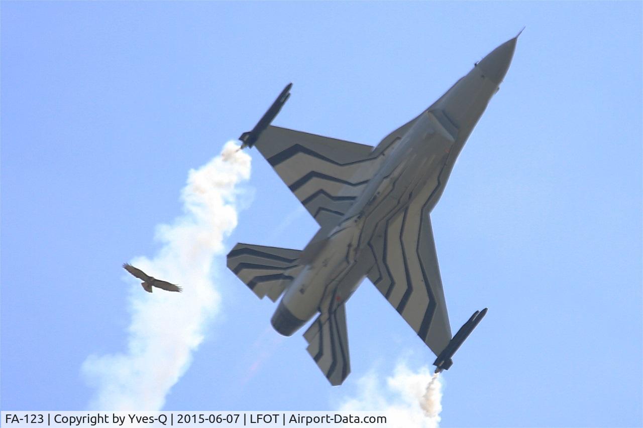 FA-123, SABCA F-16AM Fighting Falcon C/N 6H-123, Belgian Air Force SABCA F-16AM Fighting Falcon, On display, Tours-St Symphorien Air Base 705 (LFOT-TUF) Open day 2015. Bird of prey vs falcon ! The cell of camera has focused depth of field of real bird!