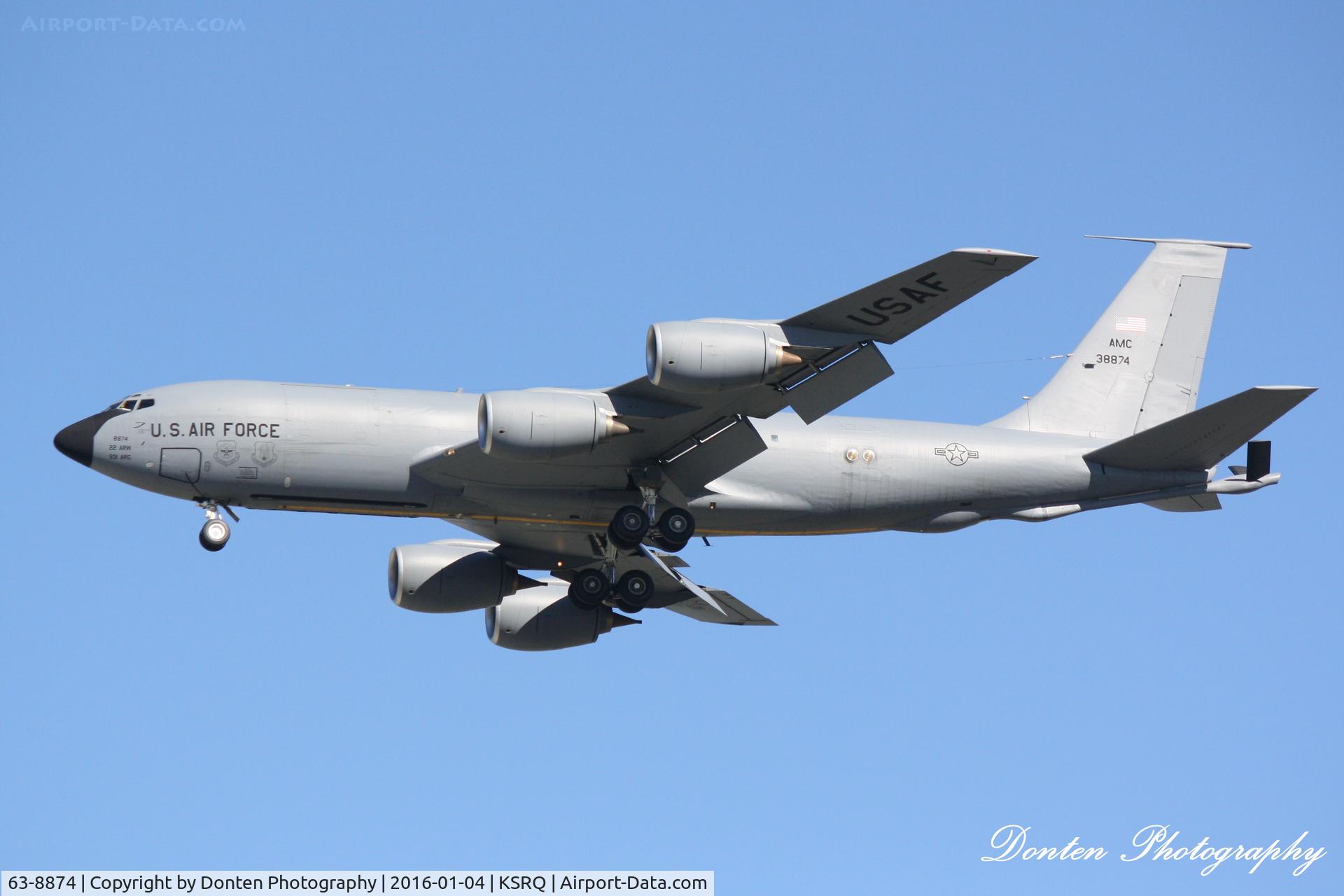 63-8874, 1963 Boeing KC-135R Stratotanker C/N 18712, A USAF KC-135 Stratotanker (63-8874) from McConnell Air Force Base departs Sarasota-Bradenton International Airport