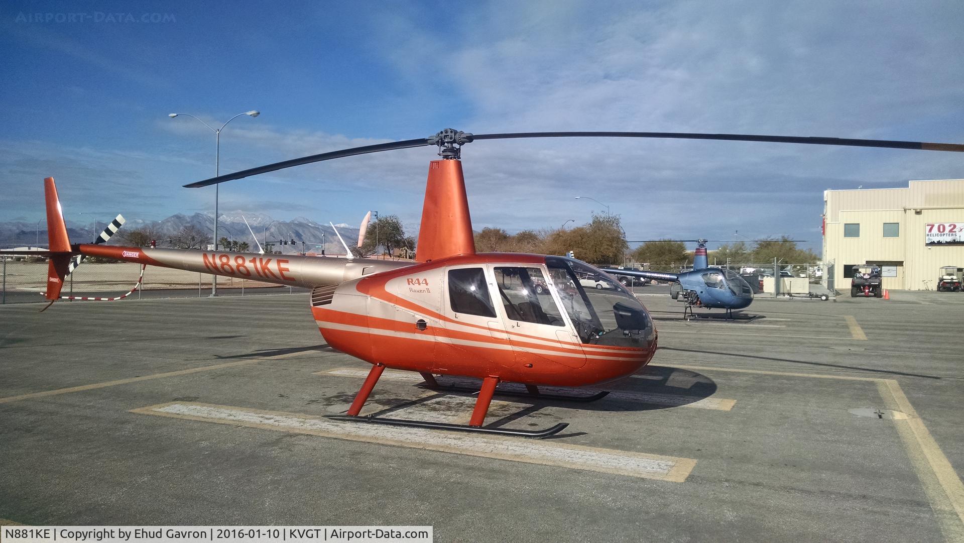 N881KE, 2002 Robinson R44 II C/N 10031, N881KE with 702 Helicopters at KVGT about to go overfly Red Rock Canyon National Conservation Area before flying The Las Vegas Strip tour, crossing over McCarran's runways and heading over to the Hoover Dam.  Fine morning, no moisture, 7C, wind 320 at 8.
