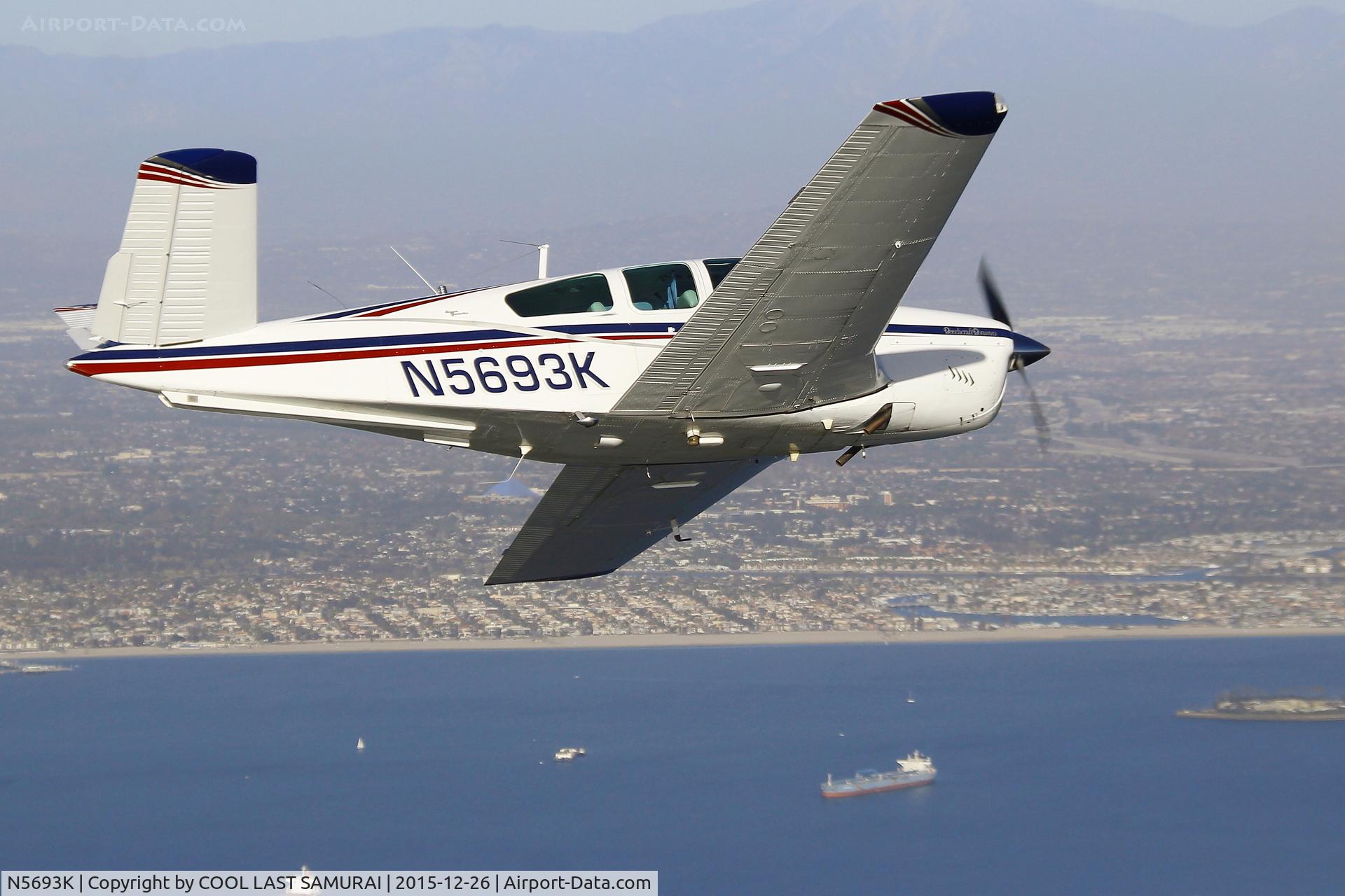 N5693K, 1964 Beech S35 Bonanza C/N D-7625, 93K flying over Long Beach.  Aerial photo by MKoba