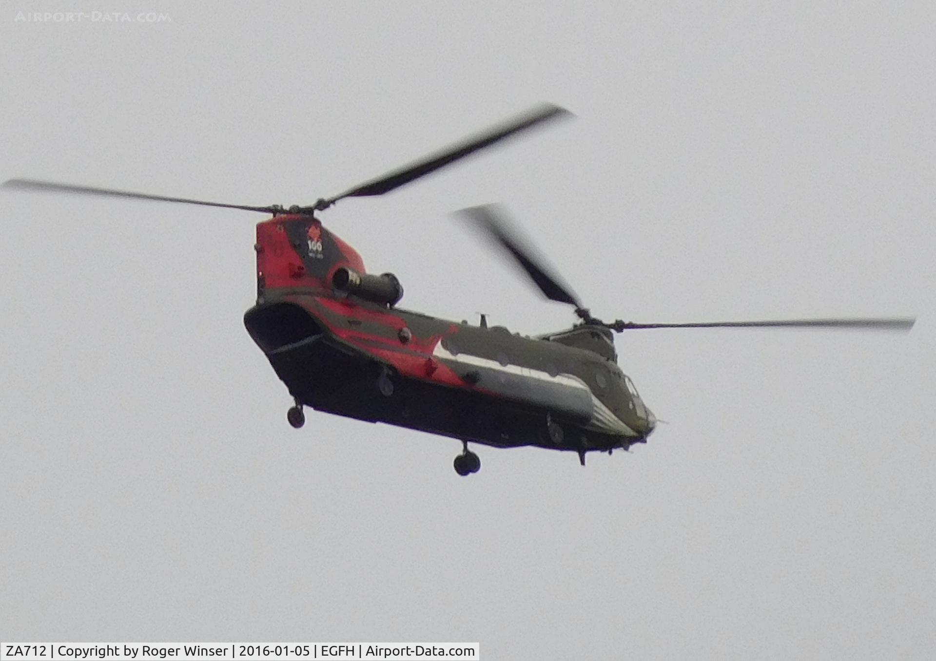 ZA712, Boeing Vertol Chinook HC.4 C/N MA024/M7016, Chinook HC.4 helicopter coded W of 18(B) Squadron RAF departing the airport after a brief visit.