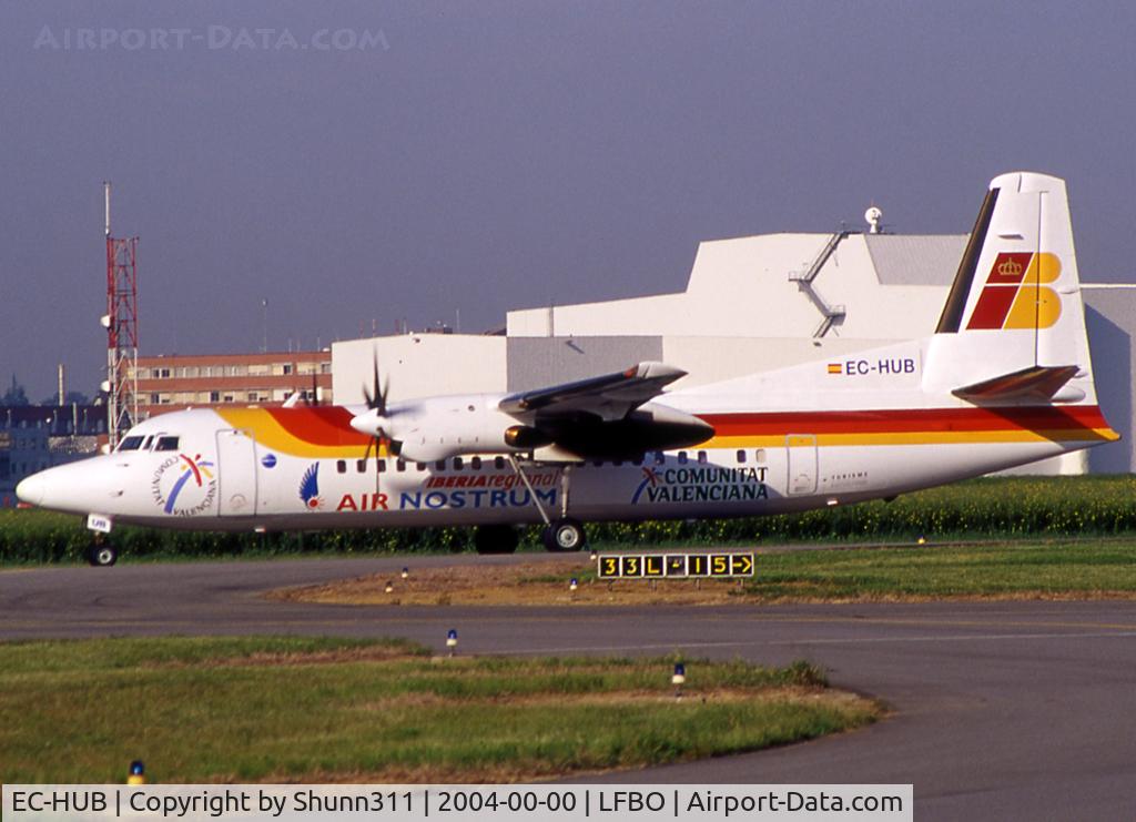 EC-HUB, 1990 Fokker 50 C/N 20182, Taxiing holding point rwy 32R for departure...