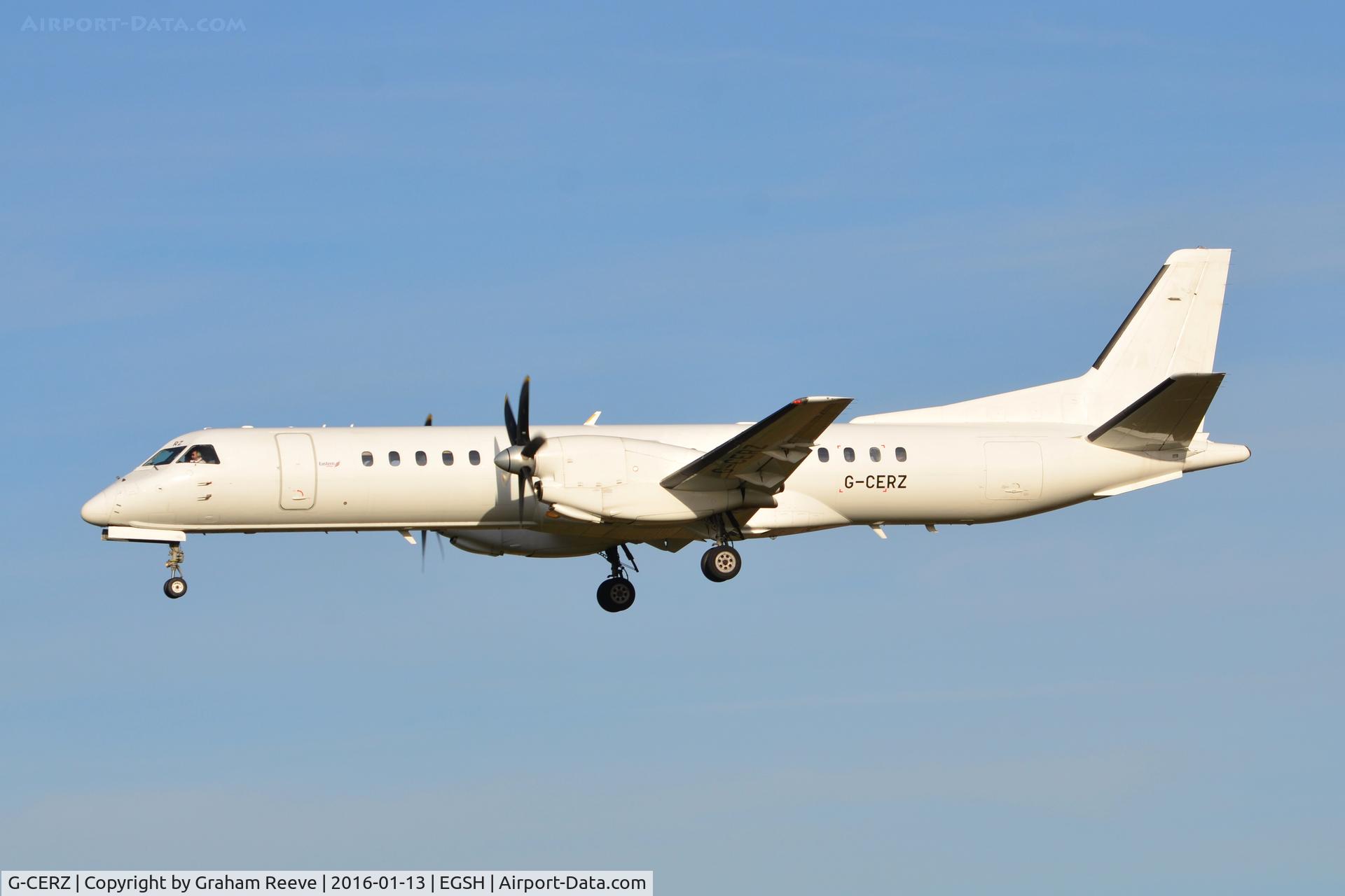 G-CERZ, 1997 Saab 2000 C/N 2000-042, Landing at Norwich.