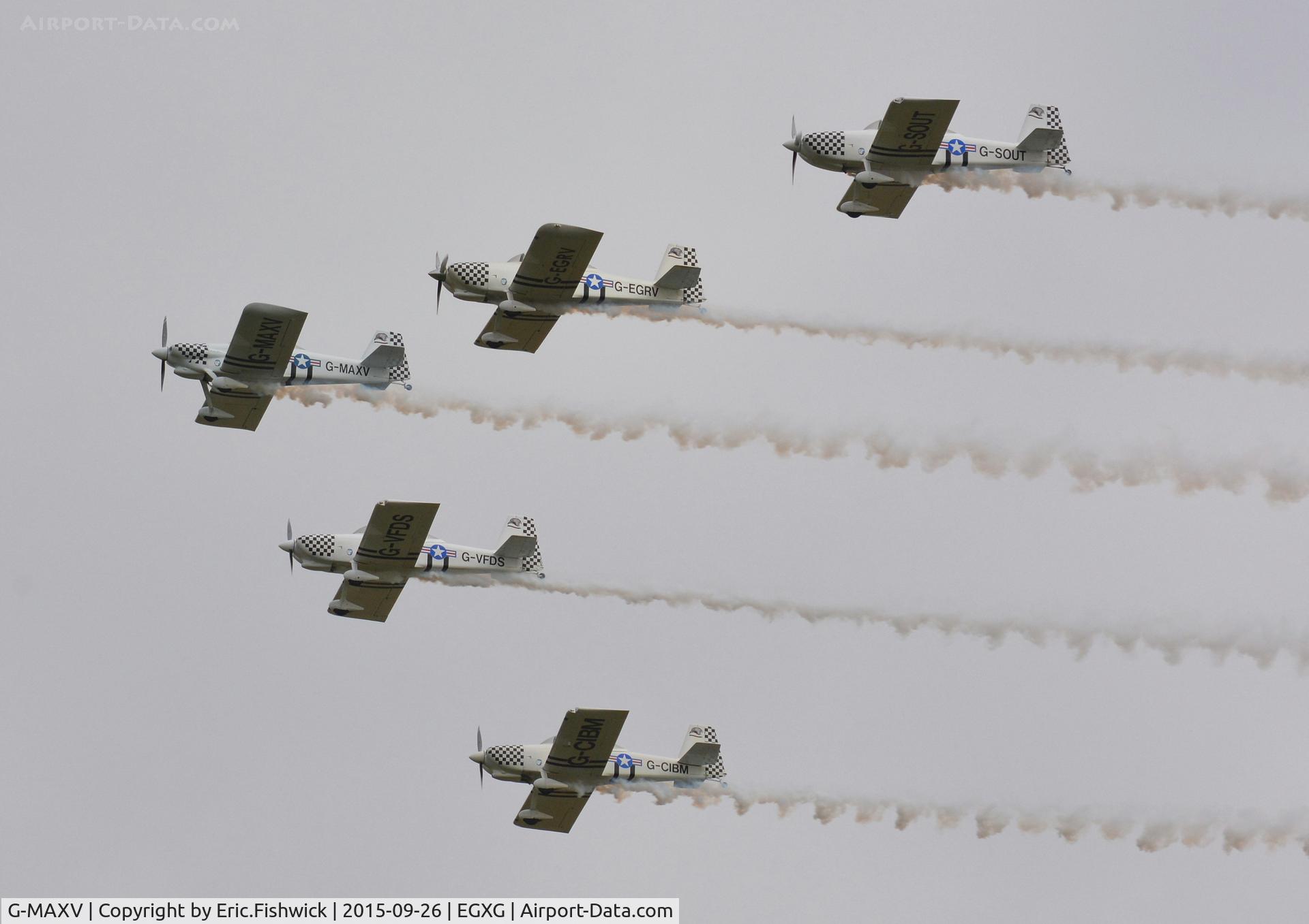 G-MAXV, 2000 Vans RV-4 C/N PFA 181-13266, 45. G-MAXV and the Ravendisplayteam against the grey skies at The Yorkshire Air Show, Church Fenton, Sept. 2015.