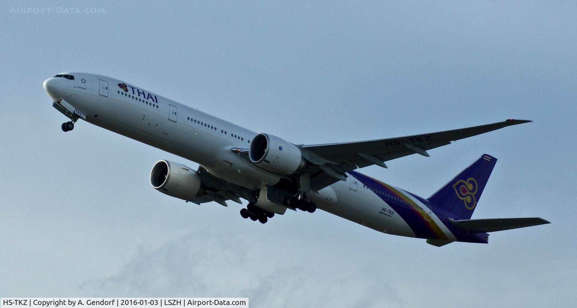 HS-TKZ, 2015 Boeing 777-3D7/ER C/N 42115, Thai Airways, is here climbing out at Zurich-Kloten(LSZH), bound for Bangkok Int'l(VTBS)