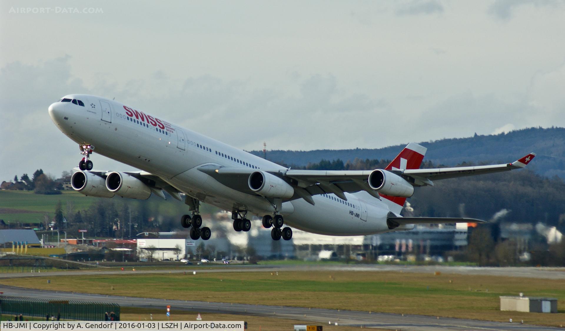 HB-JMI, 2004 Airbus A340-313 C/N 598, Swiss, is here powerfull lifting off RWY 14 at Zürich-Kloten(LSZH)
