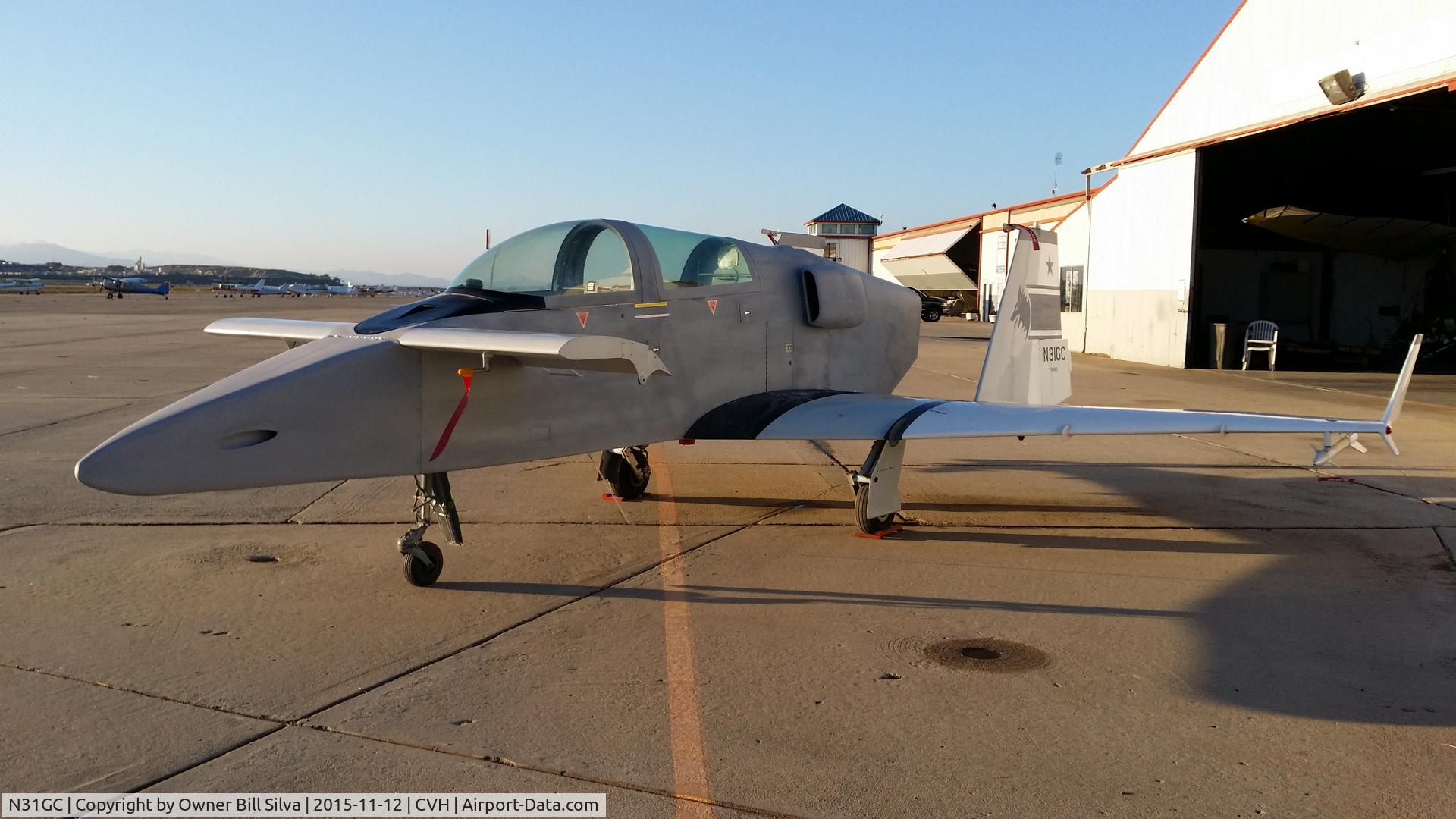 N31GC, 1988 Rutan VariViggen C/N 330, N31GC modified with G.E. T-58-8F Turbojet engine. Newly built intake cowls, additional fuel storage, and extended nose by owner. Circa 2015 Hollister California Airport. Aircraft now located at Lincoln Regional Airport, California