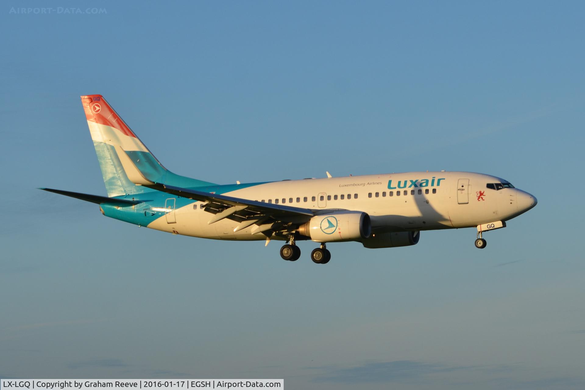 LX-LGQ, 2004 Boeing 737-7C9 C/N 33802, Landing at Norwich.