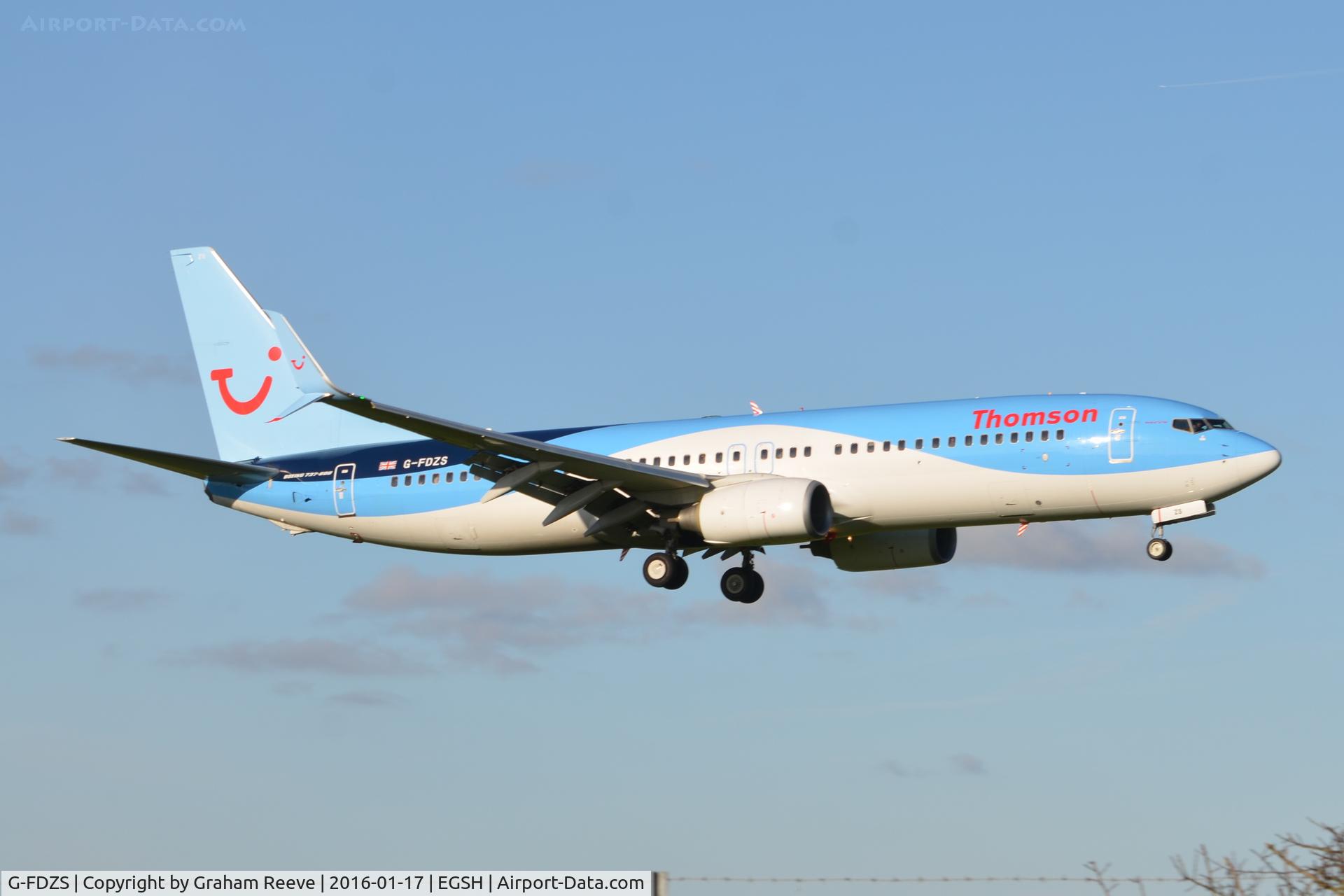 G-FDZS, 2009 Boeing 737-8K5 C/N 35147, Landing at Norwich.