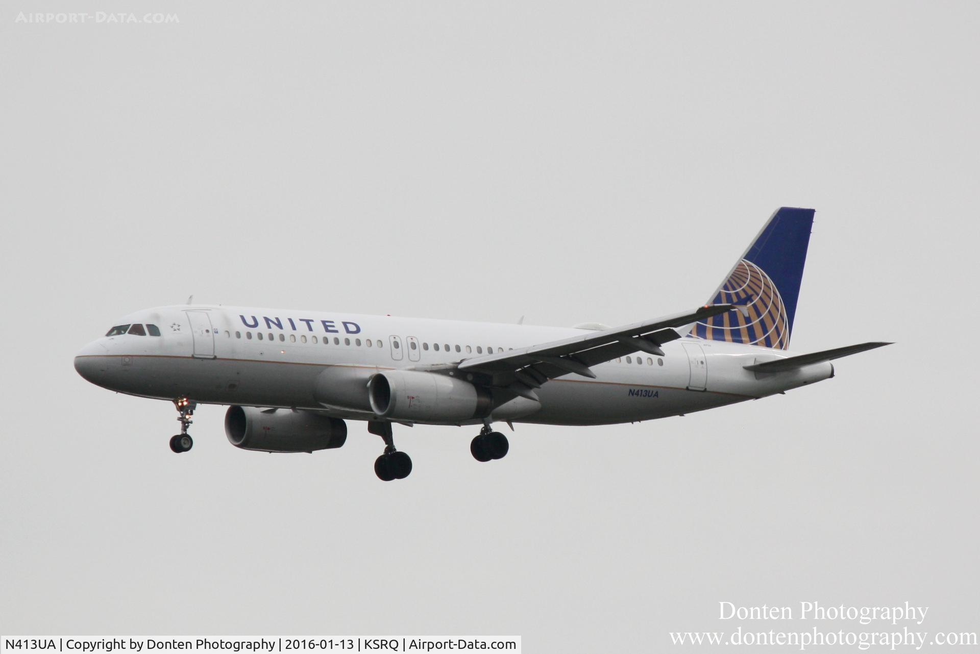 N413UA, 1994 Airbus A320-232 C/N 470, United Flight 1778 (N413UA) arrives at Sarasota-Bradenton International Airport following flight from Chicago-O'Hare International Airport