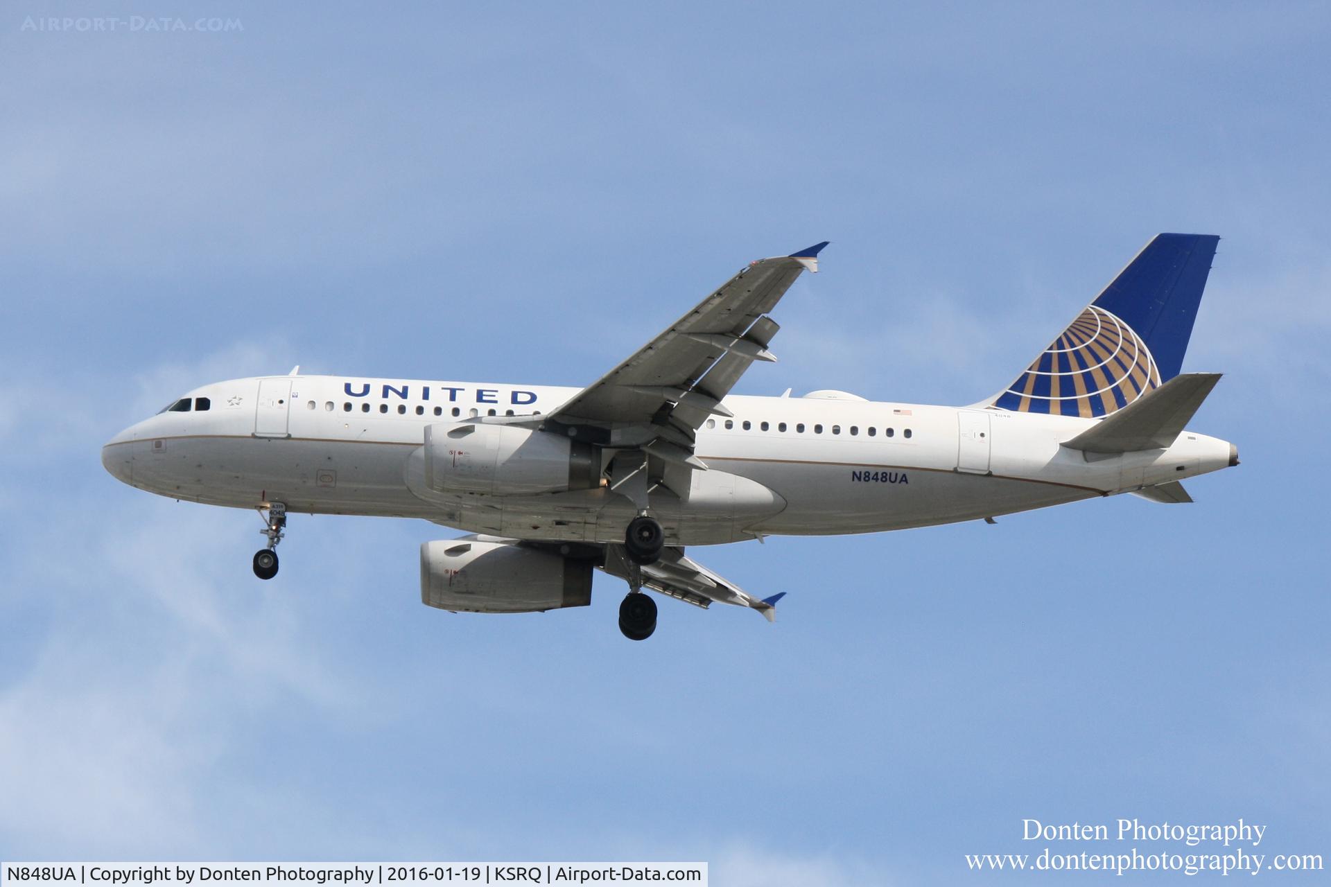 N848UA, 2002 Airbus A319-131 C/N 1647, United Flight 1778 (N848UA) arrives at Sarasota-Bradenton International Airport following flight from Chicago-O'Hare International Airport