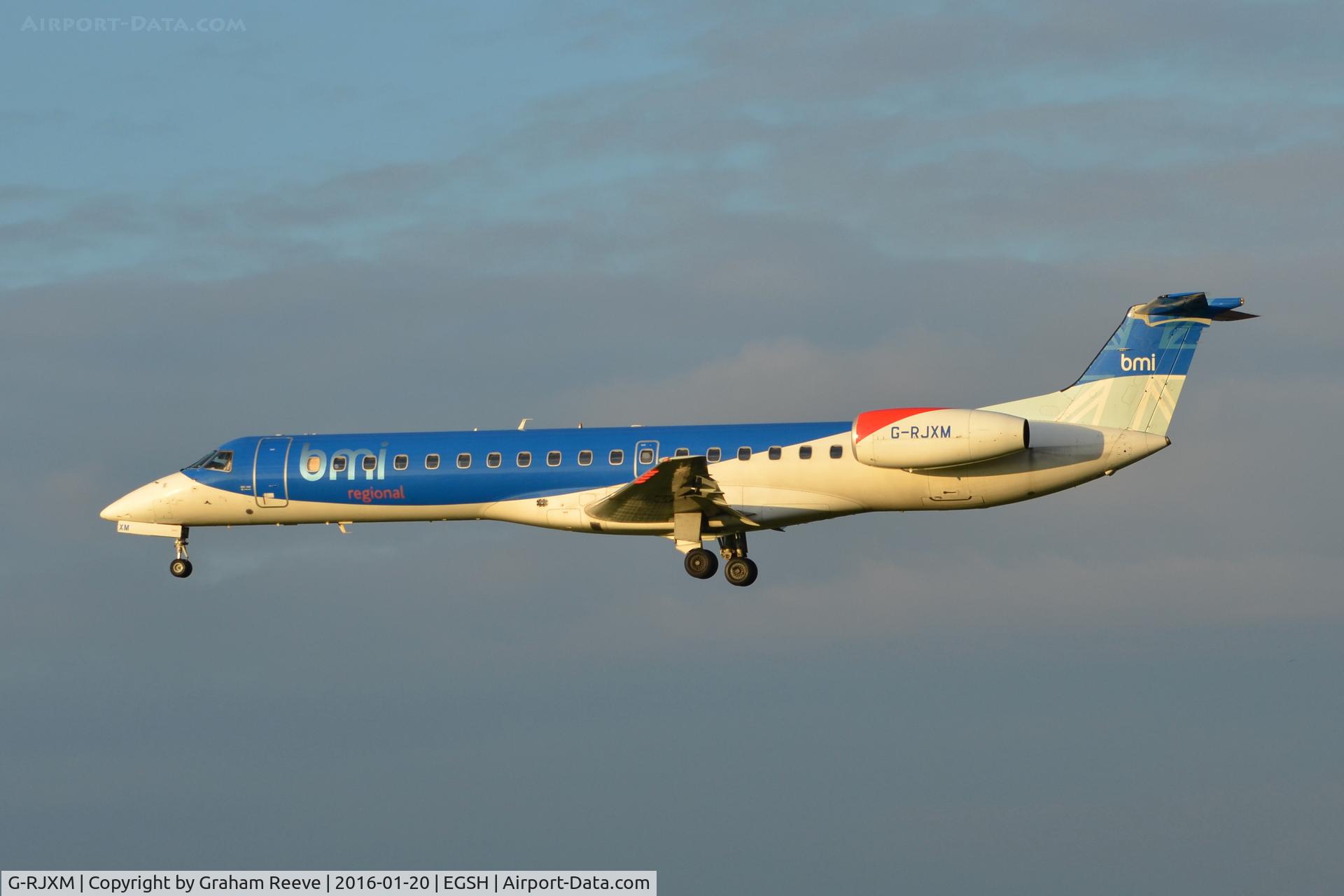 G-RJXM, 2000 Embraer ERJ-145MP (EMB-145MP) C/N 145216, Landing at Norwich.