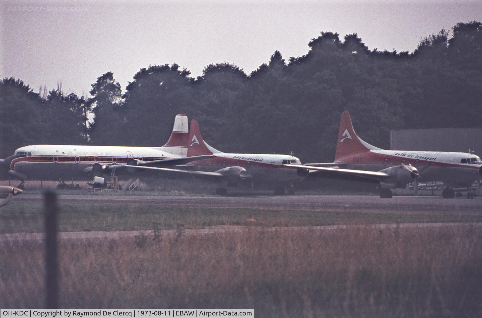 OH-KDC, 1953 Douglas DC-6B C/N 44169, DC-6B OH-KDC (on the left) was set on fire on January 2, 1974 and was completely destroyed. Ex KAR-AIR  ex DAT.  Note: two CV-440's of DAT. OO-UVG (on the right) and OO-NVG without engines.