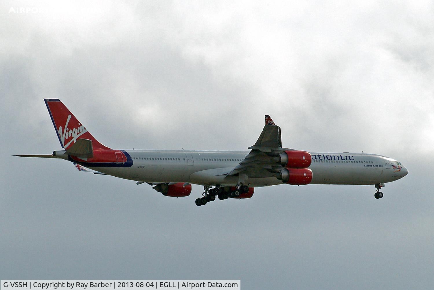 G-VSSH, 2004 Airbus A340-642 C/N 615, Airbus A340-642 [615] (Virgin Atlantic) Home~G 04/08/2013. On approach 27L.