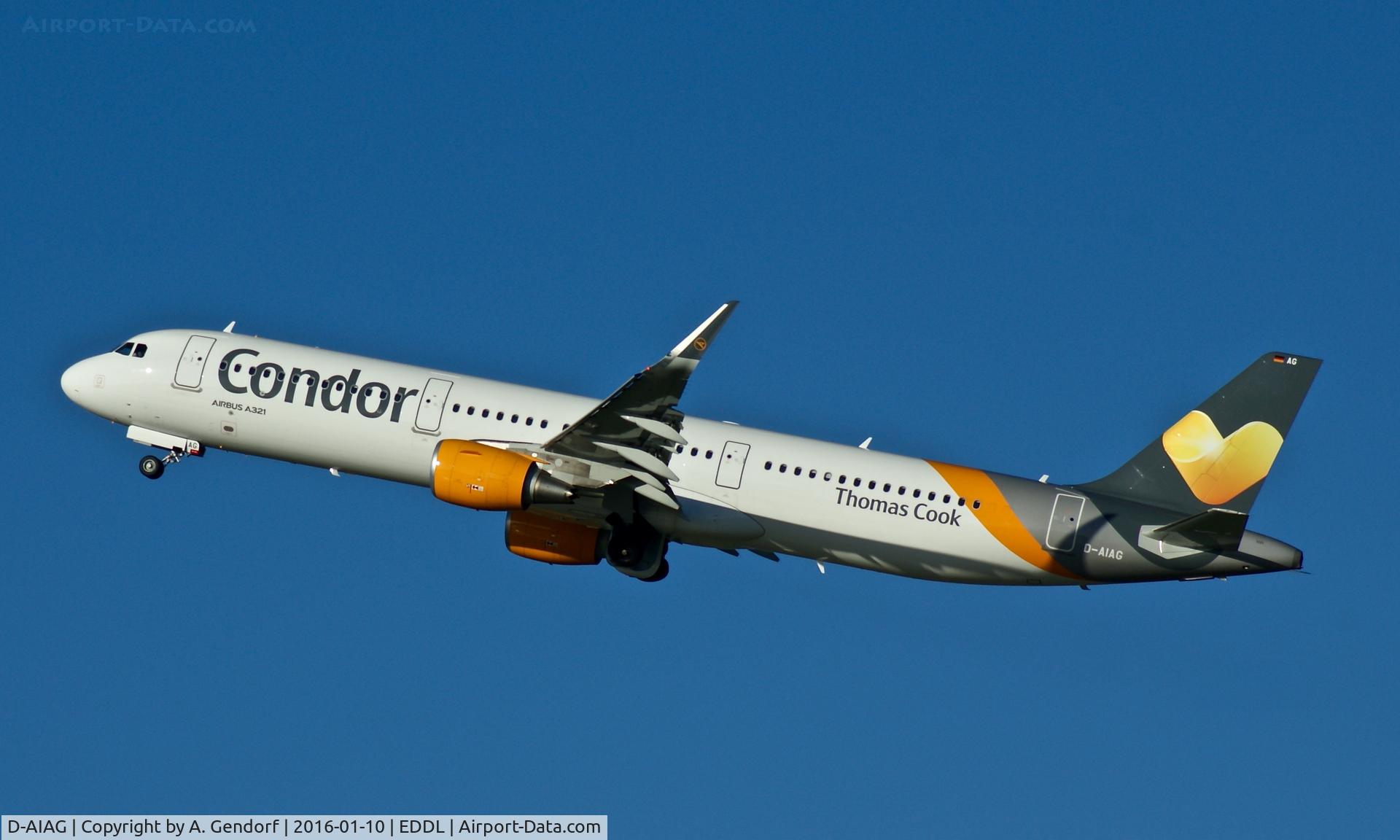 D-AIAG, 2015 Airbus A321-211 C/N 6590, Condor, is here climbing out at Düsseldorf Int'l(EDDL)