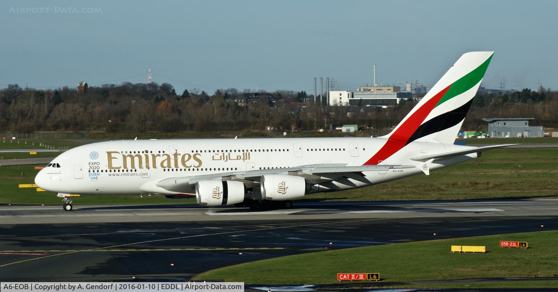 A6-EOB, 2014 Airbus A380-861 C/N 164, Emirates, is here rolling on RWY 23L shortly after touch down at Düsseldorf Int'l(EDDL)