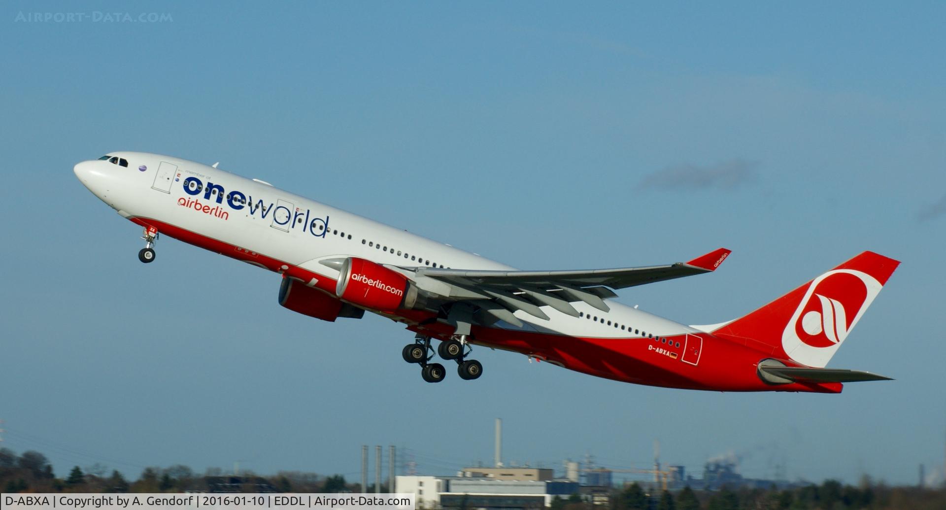 D-ABXA, 1999 Airbus A330-223 C/N 288, Air Berlin (One World ttl.), is here climbing out at Düsseldorf Int'l(EDDL)