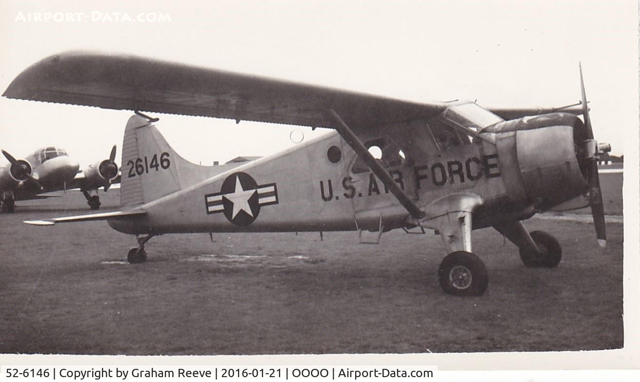 52-6146, 1953 De Havilland Canada U-6A Beaver (DHC-2) C/N 540/1308, Delivered Sep 11, 1953.  To N6083, cancelled Jan 29, 1989.  To civil registry as N67691. Crashed Dec 26, 1989 after takeoff when caught by gust of wind, contacted the water, flipped over, and sank