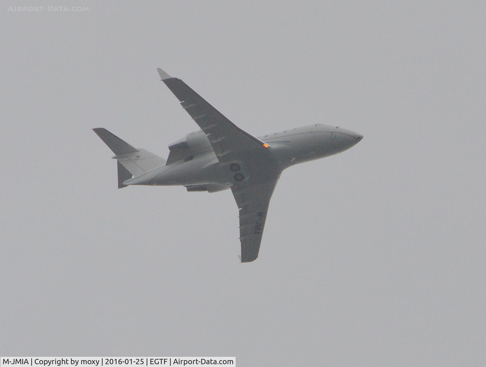 M-JMIA, 2013 Bombardier Challenger 604 (CL-600-2B16) C/N 5941, Bombardier CL-600-2B16 Challenger 604 in the clag overflying Fairoaks.