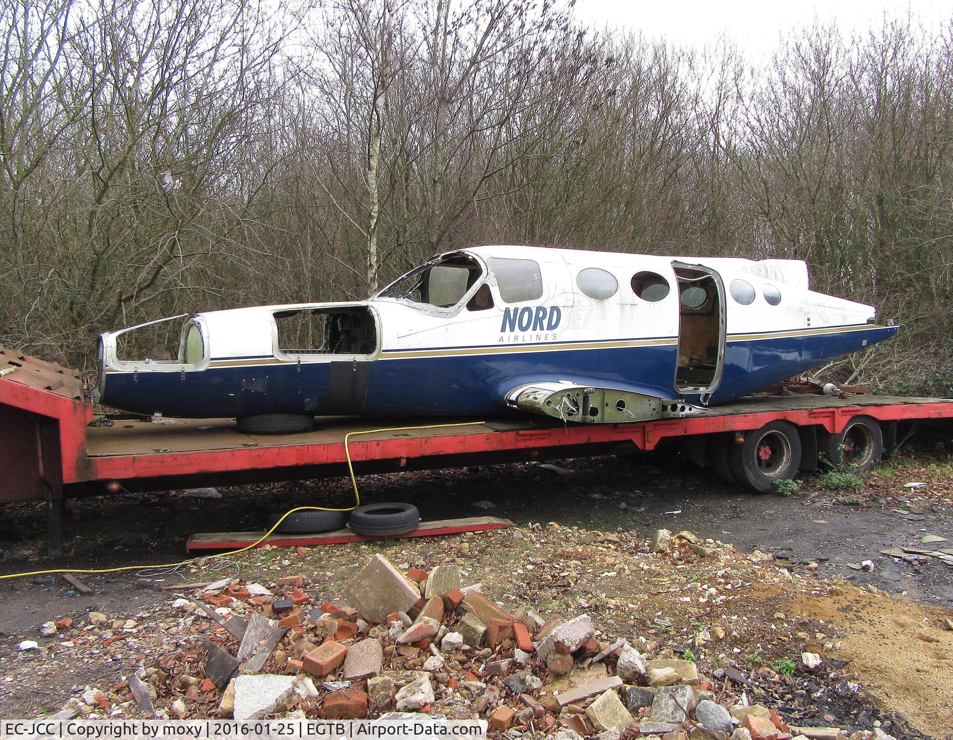 EC-JCC, 1976 Cessna 421C Golden Eagle C/N 421C0099, Fuselage of Cessna 421C ex Nordjet Airlines on a trailer at Wycombe Air Park.