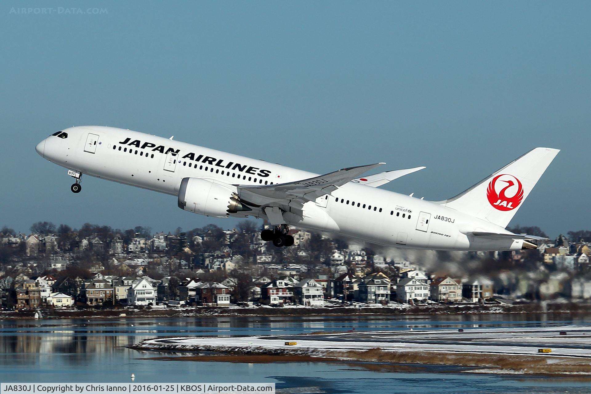 JA830J, 2013 Boeing 787-8 Dreamliner C/N 34840, Tokyo bound JAL 7 departing against the snowy backdrop of East Boston, Massachusetts.