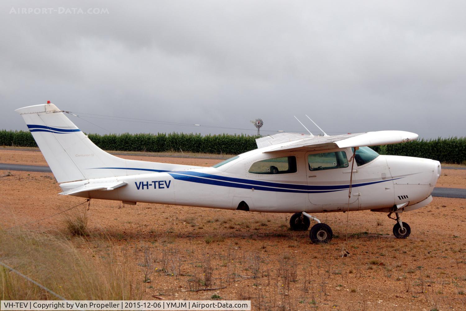 VH-TEV, 1976 Cessna 210L Centurion C/N 21061374, Cessna 210L Centurion parked at Manjimup airport, Western Australia. Its propeller is missing