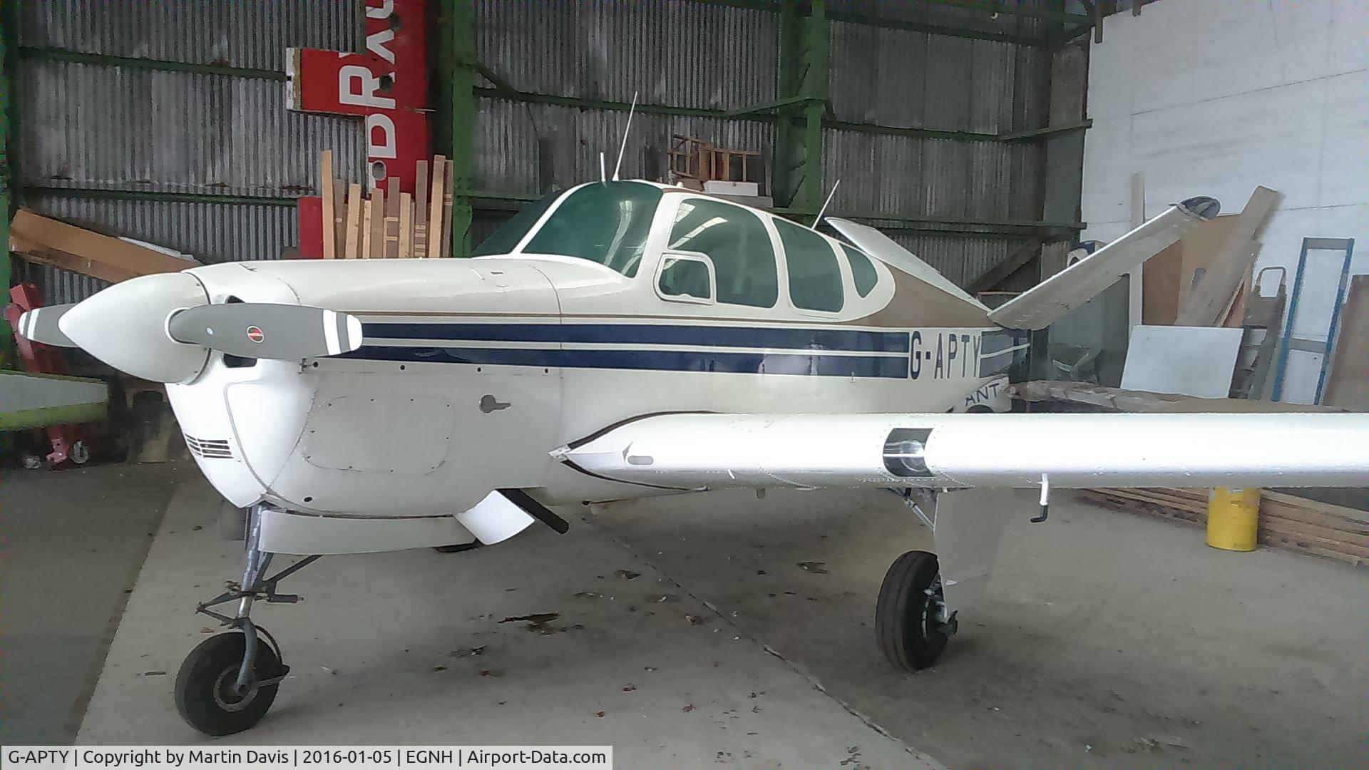 G-APTY, 1956 Beech G35 Bonanza Bonanza C/N D-4789, G-APTY seen at a hanger at Blackpool airport