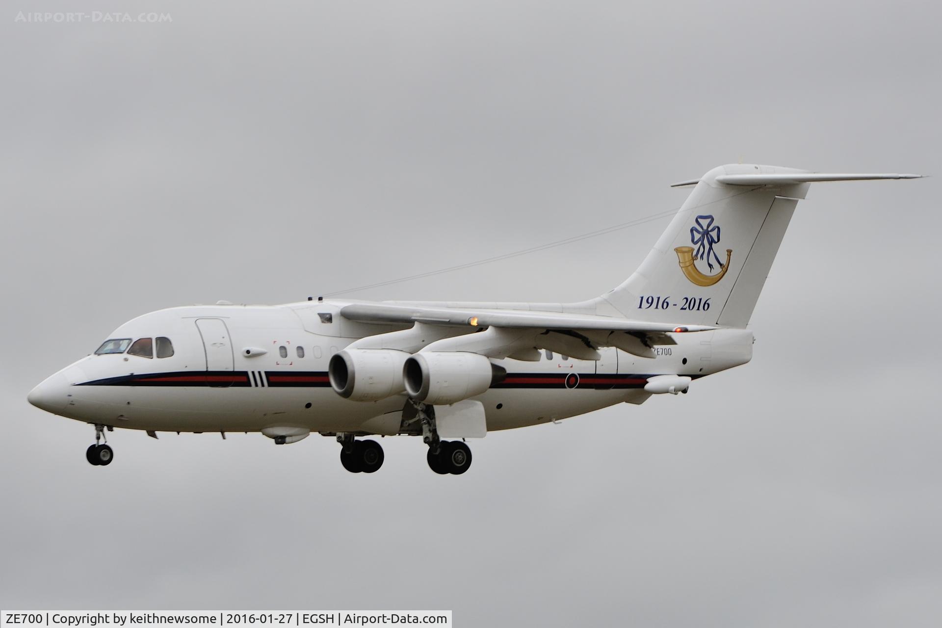 ZE700, 1984 British Aerospace BAe.146-100 CC.2 C/N E1021, With 1916-2016 logo.